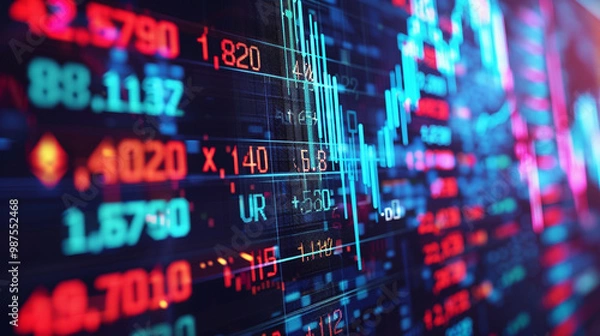 Fototapeta Crypto exchange platform screen – trading platform interface with cryptocurrency values, large Bitcoin and Ethereum symbols.