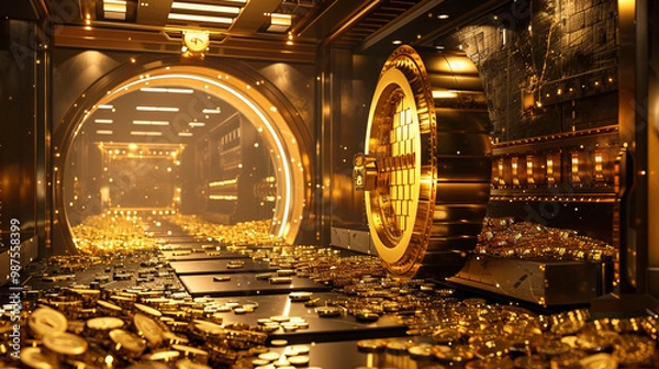 Obraz Safe full of gold – open vault with gleaming gold bars and coins inside, well-lit and luxurious setting.