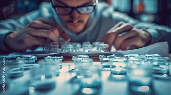 Fototapeta Concerned executive inspecting faulty products on table with urgent recall notices and quality reports. Crisis management and product safety issues in corporate environment. Quality control challenges