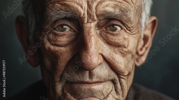 Fototapeta A detailed portrait of an elderly man with deep wrinkles and wise eyes, set against a simple background