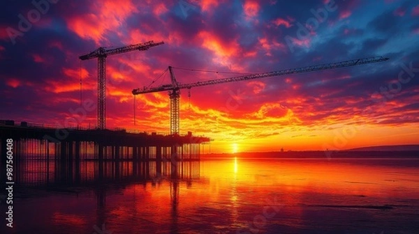 Fototapeta Construction Cranes Silhouetted Against a Dramatic Sunset