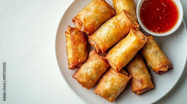Fototapeta A plate of fried dumplings with a dipping sauce