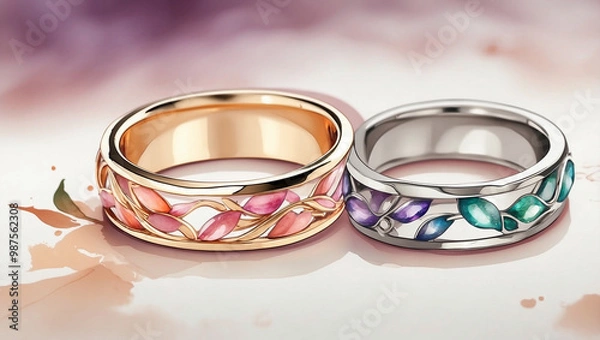 Fototapeta Watercolor Style Wedding Rings