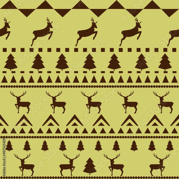 Fototapeta Deer and trees in mustard tones seamless pattern