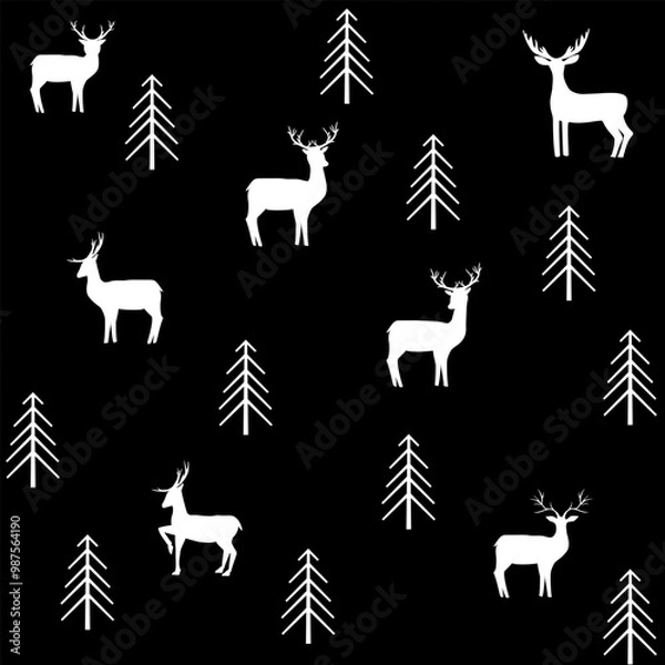 Fototapeta Chaotic white deer trees on black seamless pattern