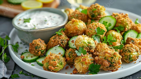 Fototapeta Crispy Breaded Brussels Sprouts with Cucumber and Parsley