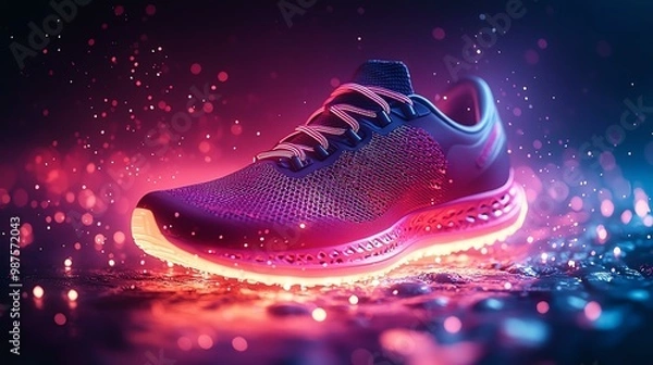 Fototapeta Futuristic neon-colored running shoe with glowing lights, displayed in a dynamic and vibrant setting with rain droplets.