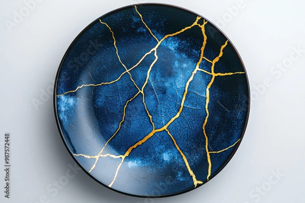 Obraz A beautiful blue ceramic plate features gold kintsugi cracks, symbolizing resilience and beauty in imperfection, photographed against a clean white background in modern style.