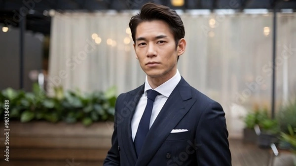 Fototapeta A handsome man from Japan, his clean-cut look and focused expression capturing the elegance of modern Japanese style