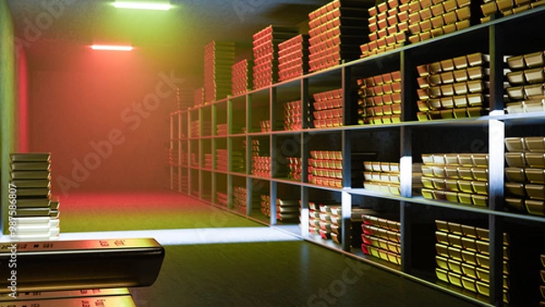 Fototapeta Generic gold reserve vault with stacks of gold bars. Bank vault with gold and cash. 3d rendering