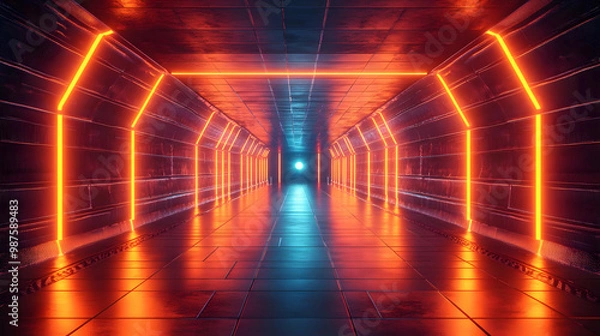 Fototapeta Abstract Neon Lights Futuristic Tunnel 3D Illustration