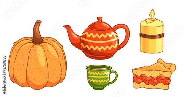 Fototapeta Warm Autumn Elements Showcasing A Ripe Orange Pumpkin, Vibrant Teapot, Cozy Burning Candle, Inviting Pie Slice