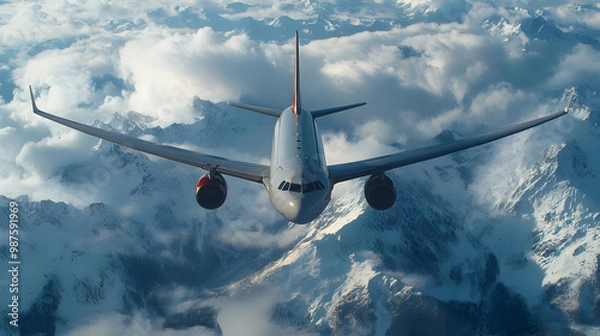Fototapeta Airplane Flying Over Snowy Mountain Range Realistic Image