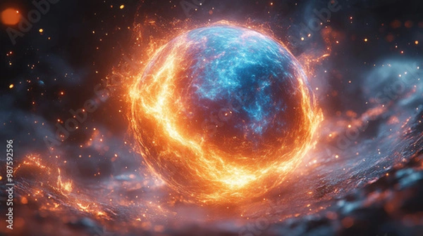 Fototapeta A glowing, fiery energy sphere hovers in space, surrounded by bright, swirling particles and dark cosmic clouds