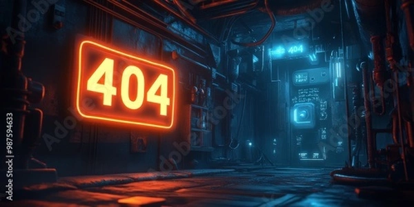 Obraz Neon "404 Page Not Found" Sign with Digital Server Background for Tech Concept