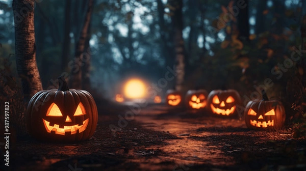 Fototapeta Glowing Jack-O'-Lanterns in an Enchanted Forest 6