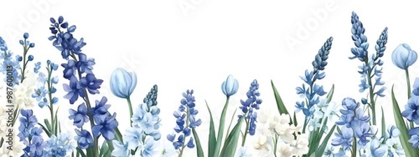 Fototapeta Blue and white flowers, hyacinth border on the right side, watercolor clipart with a solid background