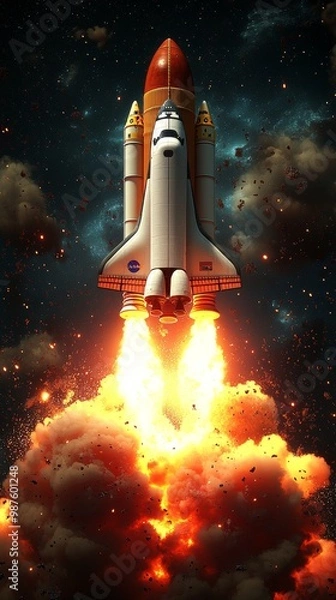 Fototapeta A majestic rocket launches into space, leaving a trail of fire and smoke, symbolizing exploration and breakthrough in technology.