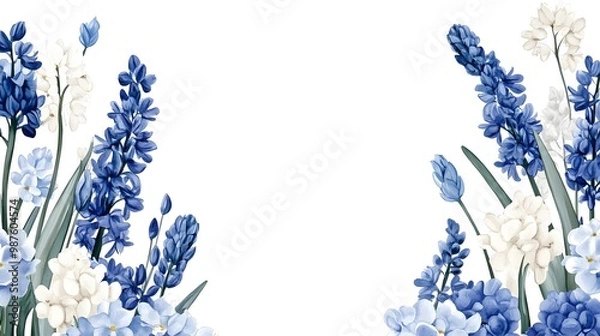 Fototapeta Blue and white flowers, hyacinth border on the right side, watercolor clipart with a solid background