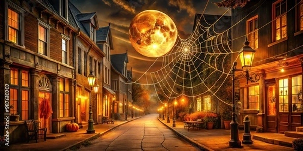 Fototapeta Spooky illuminated storefronts and spider-web-covered buildings line a darkened street, casting eerie shadows under a bright orange harvest moon on a festive autumn evening.