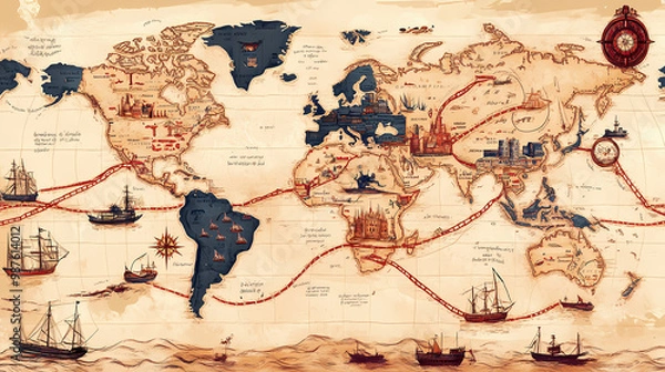Fototapeta Illustrate a world map indicating the major trade routes used throughout history, from the silk road to modern shipping lanes. include annotations for key trade hubs. Silk Road. Illustration