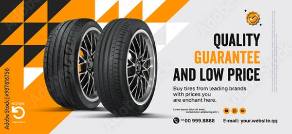 Fototapeta Tires car advertisement poster. Black rubber tire landscape advertisement.