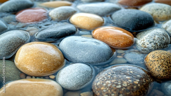 Obraz background of smooth, rounded river stones in a riverbed with water reflections