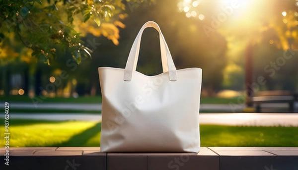 Fototapeta Tote bag mockup concept image with a blank tote bag sitting outside in a park on sunny day for the large sturdy cloth unfastened bag with parallel handles with copy space 