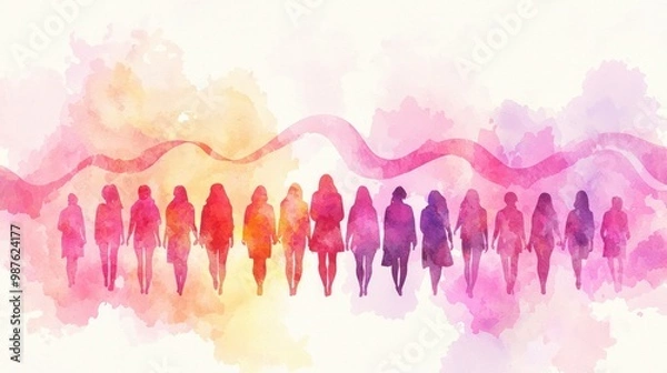 Fototapeta A colorful watercolor illustration of diverse women figures standing in a row, symbolizing unity, empowerment, and strength.