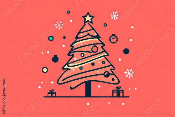 Fototapeta A minimalist flat art design of a Christmas tree, featuring simple lines and shapes to represent the festive symbol. 