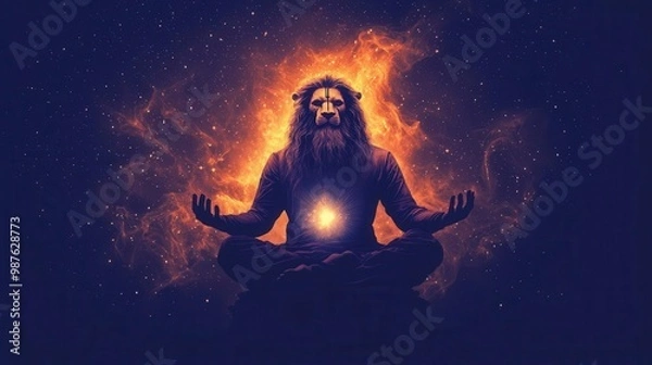 Fototapeta Narasimha sitting on a throne of stars, his lion face calm, holding the universe in his hands, Narasimha avatar, divine king, cosmic ruler