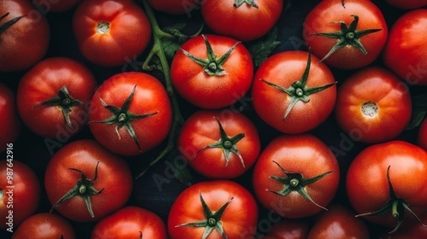 Fototapeta Tomatoes lying on a pile on top of each other, tomato texture. Selective focus