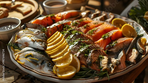 Obraz Grilled Salmon and Sea Bass Platter with Lemon and Herbs