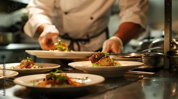 Obraz A chef carefully plates a delicious meal in a professional kitchen. The food looks fresh and appetizing, and the chef's focus on detail is evident.