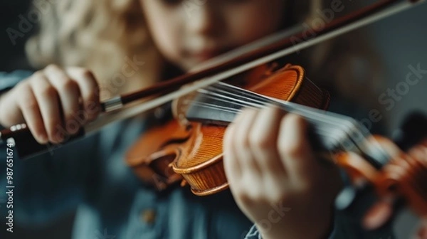 Fototapeta A close-up image of a child intensely playing the violin, highlighting the detailed view of the strings and the child's fingers as they create music with concentration and dedication.