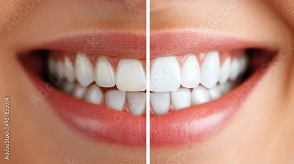 Obraz A close-up of a woman's smile, showcasing the difference between natural teeth and teeth that have been whitened.