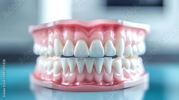 Fototapeta A close-up of a set of perfect, white teeth in a model mouth. The teeth are clean and healthy, with a bright, white smile.