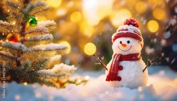 Fototapeta Snowman smiling and standing in snowfall with Christmas ornament. Winter morning landscape, bokeh forest background
