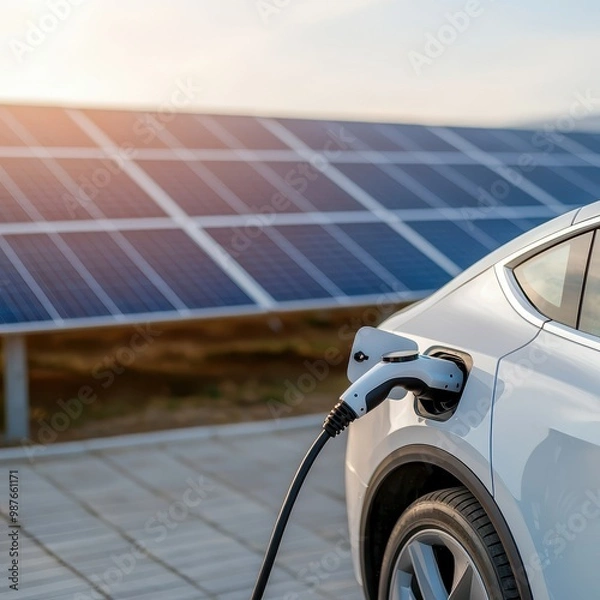 Fototapeta Electric car charging with solar panels in the background, sustainable energy concept.