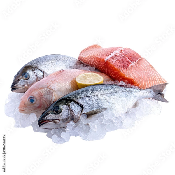 Fototapeta Fresh fish assortment with lemon slice on ice, white background.