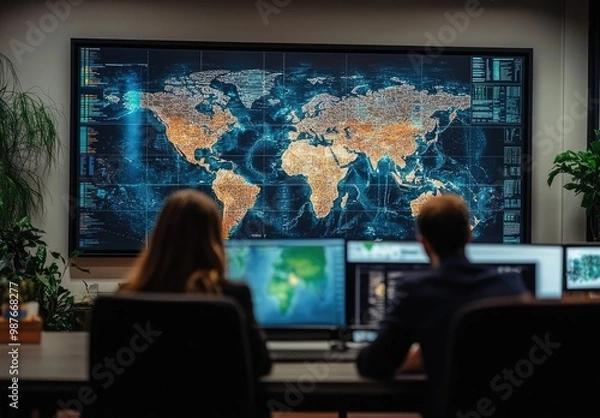 Obraz A modern control room displaying a world map with data analysis and monitoring activities.