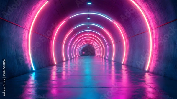 Fototapeta Neon Lights Tunnel 3D Rendering