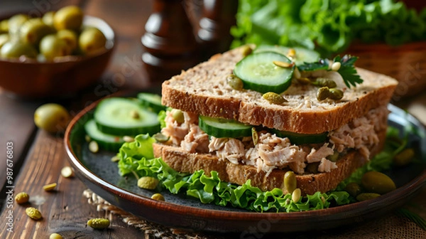 Fototapeta Tuna Sandwich with Cucumber and Capers A Delicious and Healthy Lunch