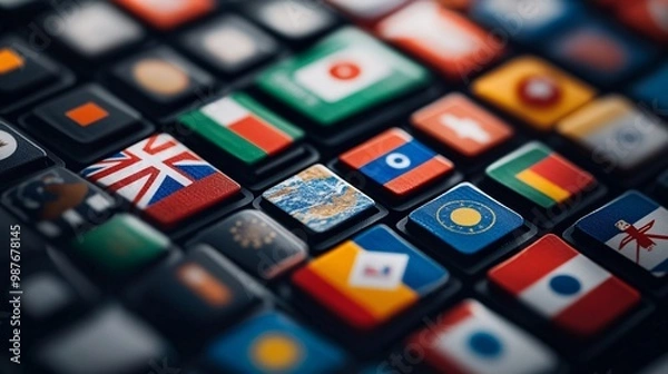 Fototapeta Global E-commerce Marketplace: Flags of International Sellers and Product Listings Close-Up