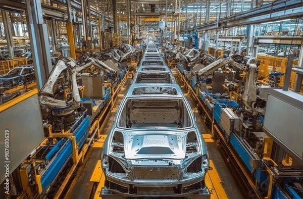 Fototapeta Car production line in a car factory with cars on the construction lines and cut metal parts inside the boxes. Generative AI