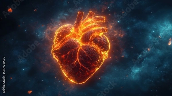 Fototapeta A fiery, glowing heart is depicted against a dark blue galaxy, symbolizing passion, strength, and the power of love.