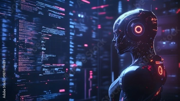 Obraz Futuristic humanoid robot analyzing code on digital interface in cyber environment