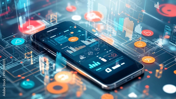 Obraz A close-up of a smartphone on a digital background displaying data and charts.