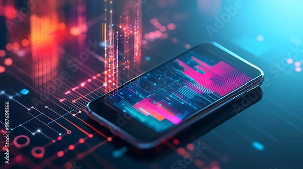 Fototapeta A smartphone lies on a glowing digital background, displaying a vibrant graphic.