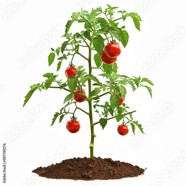 Fototapeta A tomato plant with ripe red tomatoes and green leaves in soil against a white background.
